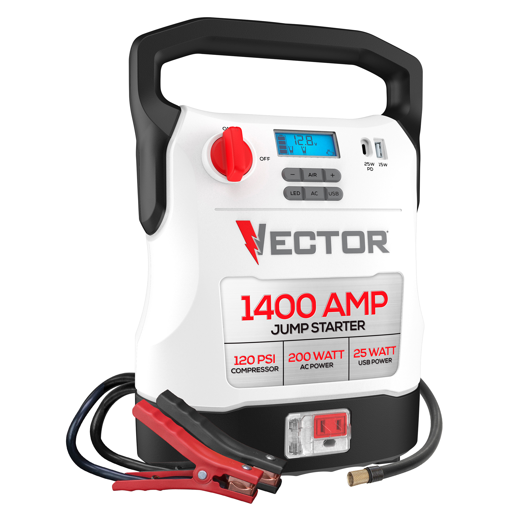 Vector 1,400-Peak-Amp Portable Car Jump Starter & 120-PSI Air Compressor with USB Power Bank, AC Outlet, Clamps & LED, VECJ14C